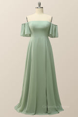 Off the Shoulder Sage Green Chiffon Long Corset Bridesmaid Dress outfit, Bridesmaid Dresses Shops