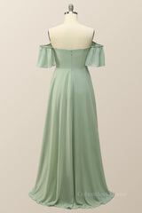 Off the Shoulder Sage Green Chiffon Long Corset Bridesmaid Dress outfit, Bridesmaid Dress Shopping