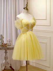 Off the Shoulder Short Yellow Corset Prom Dresses, Off Shoulder Short Yellow Corset Formal Graduation Dresses outfit, Party Dresses Prom