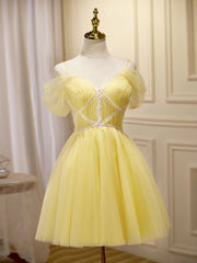 Off the Shoulder Short Yellow Corset Prom Dresses, Off Shoulder Short Yellow Corset Formal Graduation Dresses outfit, Party Dress Prom