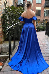 Off The Shoulder Sweetheart Royal Blue Long Corset Prom Dress with Slit Gowns, Off The Shoulder Sweetheart Royal Blue Long Prom Dress with Slit