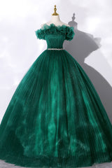 Off the Shoulder Tulle Long Corset Prom Dress, Green A-Line Evening Graduation Dress outfits, Satin Prom Dress