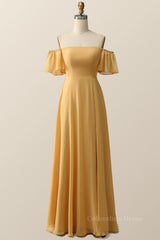 Off the Shoulder Yellow Chiffon Long Corset Bridesmaid Dress outfit, Homecoming Dress Black Girl