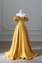 Off the Shoulder Yellow Satin Long Corset Prom Dresses, Off Shoulder Yellow Long Corset Formal Evening Dresses outfit, Long Gown