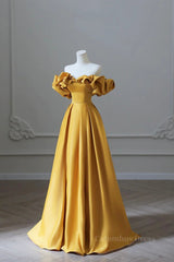 Off the Shoulder Yellow Satin Long Corset Prom Dresses, Off Shoulder Yellow Long Corset Formal Evening Dresses outfit, 93 Prom Dress