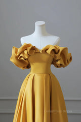 Off the Shoulder Yellow Satin Long Corset Prom Dresses, Off Shoulder Yellow Long Corset Formal Evening Dresses outfit, Wedding Guest Dress Summer