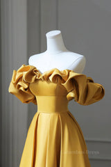 Off the Shoulder Yellow Satin Long Corset Prom Dresses, Off Shoulder Yellow Long Corset Formal Evening Dresses outfit, Orange Dress