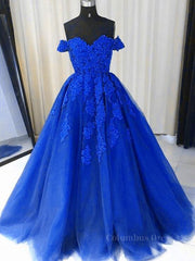 Off the Shouler Royal Blue Lace Corset Prom Dresses, Off Shoulder Blue Lace Corset Formal Evening Dresses outfit, Party Dress Websites