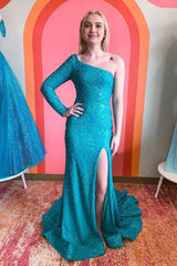 One Shouder Long Sleeves Sequins Mermaid Corset Prom Dress with Slit Gowns, One Shouder Long Sleeves Sequins Mermaid Prom Dress with Slit