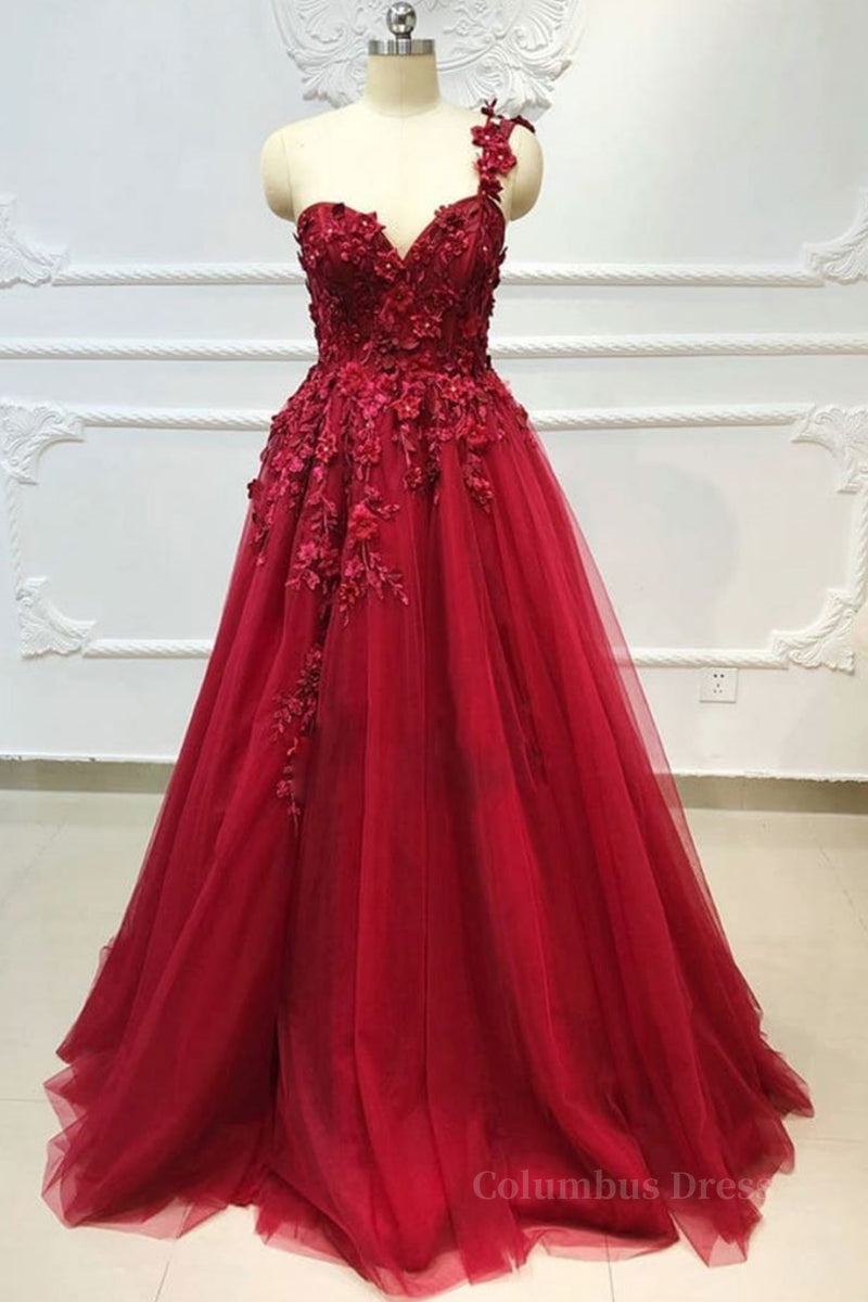 One Shoulder 3D Floral Burgundy Lace Long Corset Prom Dress, Burgundy Lace Appliques Corset Formal Graduation Evening Dress outfit, Homecoming Dresses Style