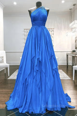 One Shoulder Backless Blue Chiffon Long Corset Prom Dress, Beaded Blue Long Corset Formal Evening Dress outfit, Evening Dresses Red