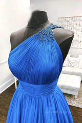 One Shoulder Backless Blue Chiffon Long Corset Prom Dress, Beaded Blue Long Corset Formal Evening Dress outfit, Evening Dress Style