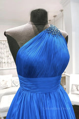 One Shoulder Backless Blue Chiffon Long Corset Prom Dress, Beaded Blue Long Corset Formal Evening Dress outfit, Evening Dress Styles