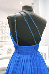 One Shoulder Backless Blue Chiffon Long Corset Prom Dress, Beaded Blue Long Corset Formal Evening Dress outfit, Evening Dresses Dresses