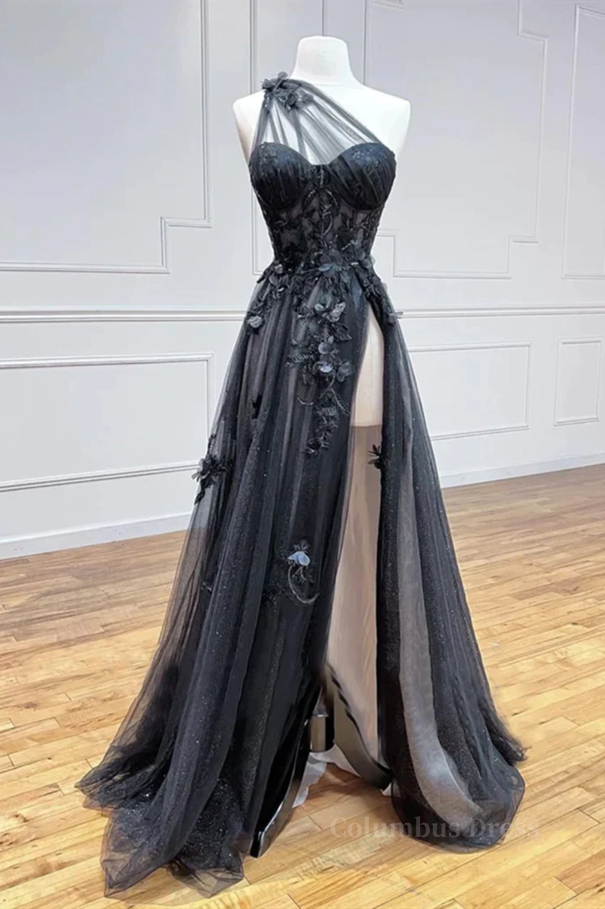 One Shoulder Black Lace Corset Prom Dresses, One Shoulder Black Lace Corset Formal Evening Dresses outfit, Evening Dresses Online Shopping