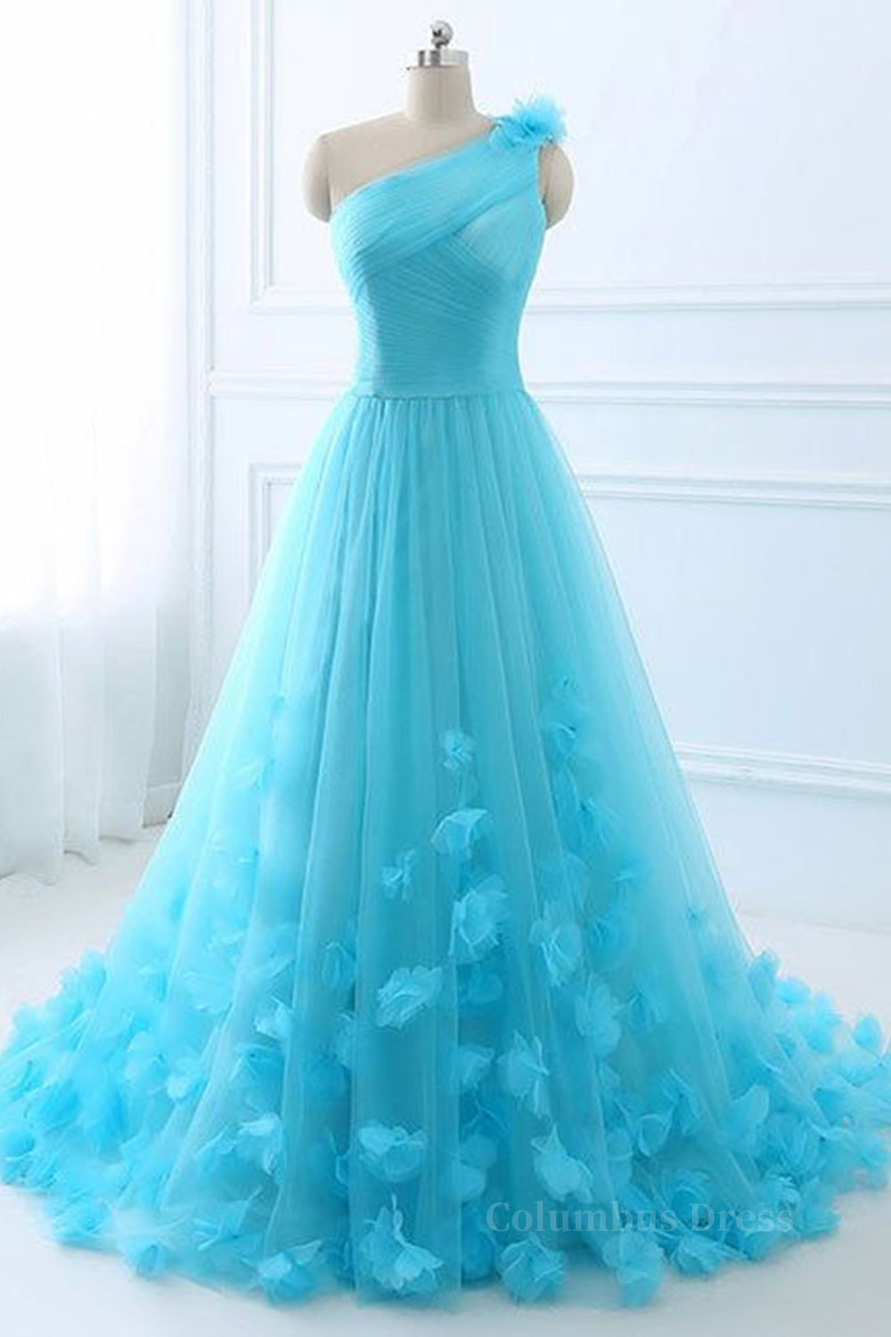 One Shoulder Blue 3D Flowers Long Corset Prom Dress, Blue Floral Corset Formal Evening Dress outfit, Evening Dresses Black