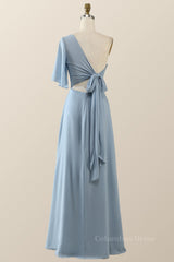 One Shoulder Blue Chiffon Long Corset Bridesmaid Dress outfit, Bridesmaids Dresses Under 105