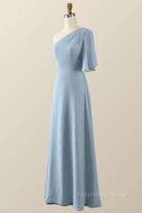 One Shoulder Blue Chiffon Long Corset Bridesmaid Dress outfit, Bridesmaids Dress Under 105