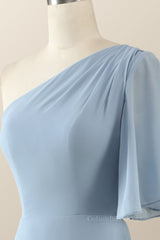 One Shoulder Blue Chiffon Long Corset Bridesmaid Dress outfit, Bridesmaid Dresses Different Color