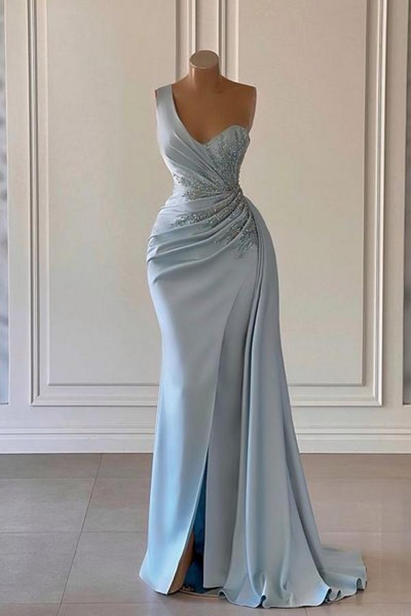 One shoulder blue Corset Prom dress in mermaid pleats Gowns, Prom Dress 2041