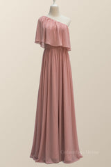 One Shoulder Blush Pink Chiffon Crepe Corset Bridesmaid Dress outfit, Formal Attire