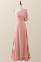 One Shoulder Blush Pink Chiffon Long Corset Bridesmaid Dress outfit, Prom Dresses Guide