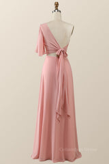 One Shoulder Blush Pink Chiffon Long Corset Bridesmaid Dress outfit, Prom Dress Guide
