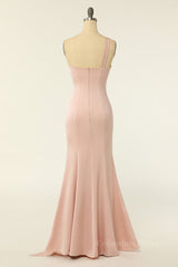 One Shoulder Blush Pink Mermaid Long Corset Bridesmaid Dress outfit, Bridesmaid Dresses Style