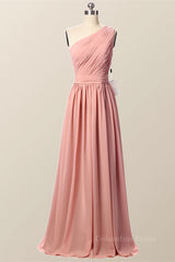 One Shoulder Blush Pink Pleated Long Corset Bridesmaid Dress outfit, Party Dress Wedding