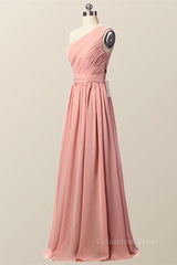 One Shoulder Blush Pink Pleated Long Corset Bridesmaid Dress outfit, Party Dress Night
