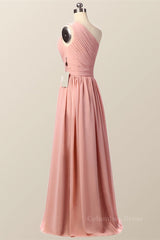 One Shoulder Blush Pink Pleated Long Corset Bridesmaid Dress outfit, Party Dress Design