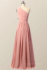 One Shoulder Blush Pink Pleated Long Corset Bridesmaid Dress outfit, Party Dress Designs