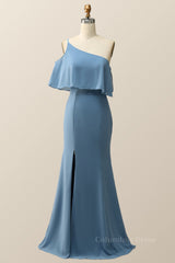 One Shoulder Cold Sleeve Misty Blue Mermaid Long Corset Bridesmaid Dress outfit, Prom Dress Ideas