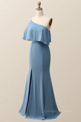 One Shoulder Cold Sleeve Misty Blue Mermaid Long Corset Bridesmaid Dress outfit, Prom Dresses Under 105