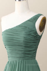 One Shoulder Eucalyptus Chiffon Long Corset Bridesmaid Dress outfit, Formal Dress Simple