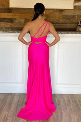 One Shoulder Hot Pink Corset Prom Dress with Slit Gowns, One Shoulder Hot Pink Prom Dress with Slit