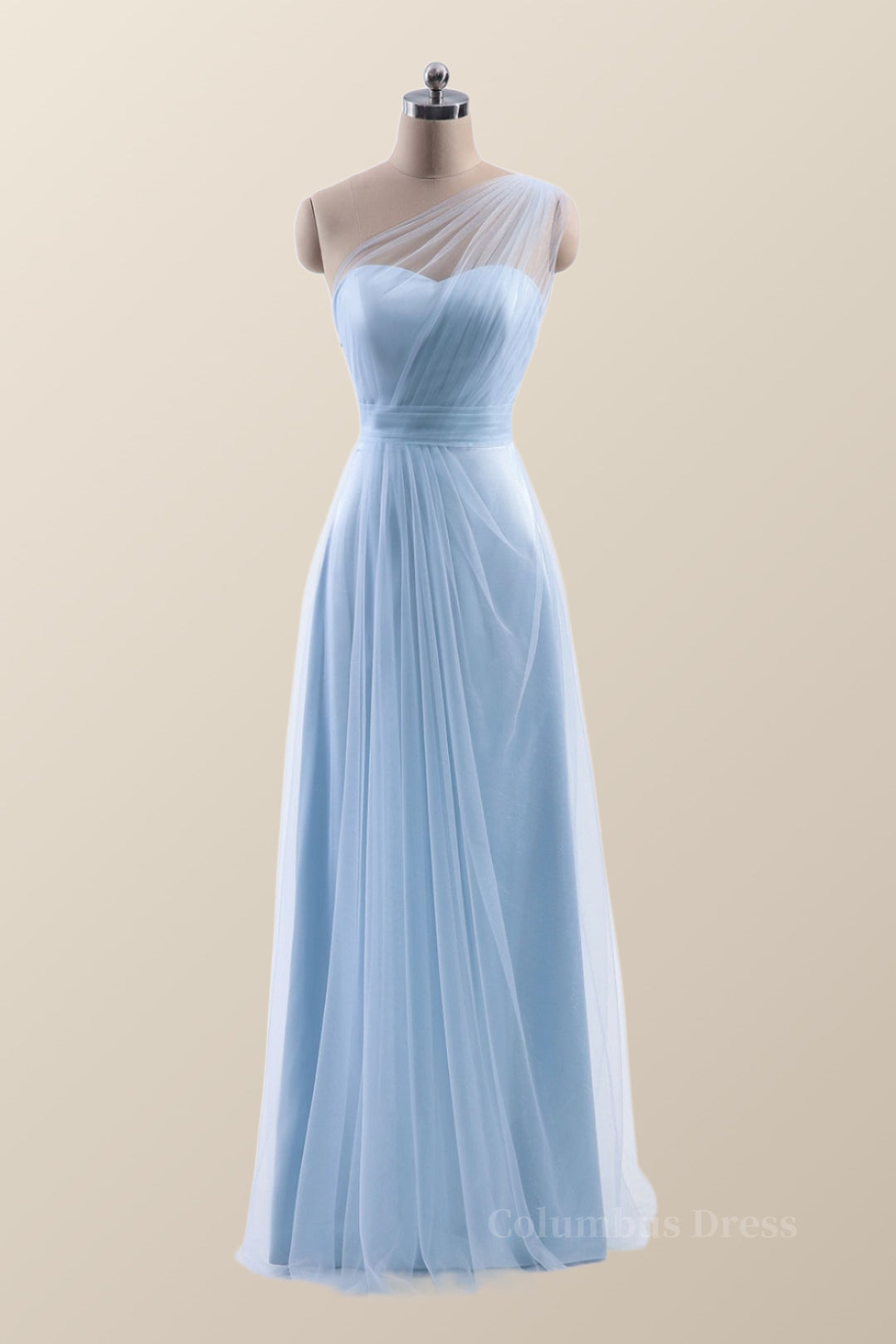 One Shoulder Light Blue Tulle A-line Corset Bridesmaid Dress outfit, Party Dress Hair Style