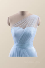 One Shoulder Light Blue Tulle A-line Corset Bridesmaid Dress outfit, Party Dress Dress Up