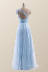 One Shoulder Light Blue Tulle A-line Corset Bridesmaid Dress outfit, Party Dresses Store