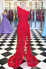 One Shoulder Mermaid Red Lace Long Corset Prom Dresses with High Slit outfit, Fall Wedding
