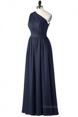 One Shoulder Navy Blue Pleated Long Corset Bridesmaid Dress outfit, Braids
