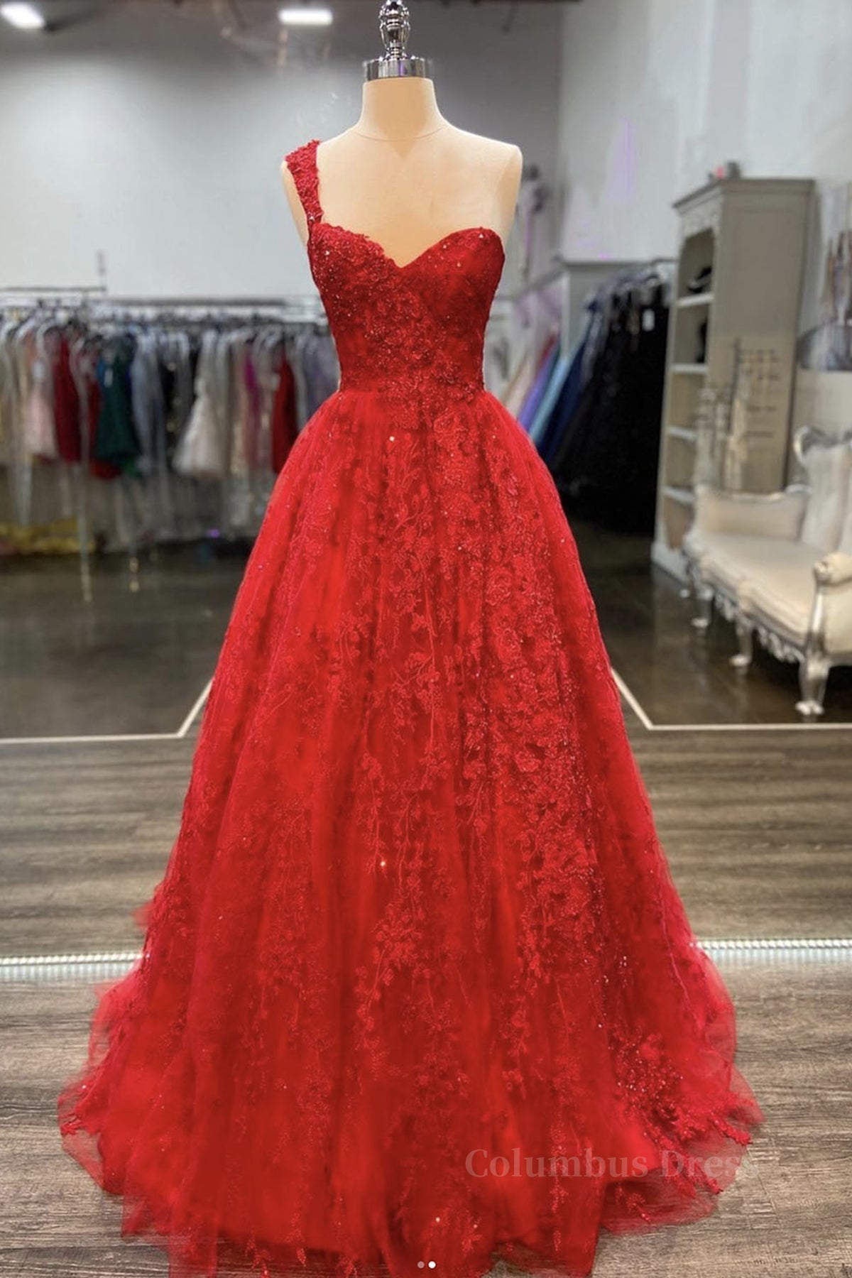 One Shoulder Open Back Red Lace Long Corset Prom Dresses, Sweetheart Neck Red Lace Corset Formal Dresses, Red Evening Dresses outfit, Formal Dress Cheap