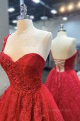 One Shoulder Open Back Red Lace Long Corset Prom Dresses, Sweetheart Neck Red Lace Corset Formal Dresses, Red Evening Dresses outfit, Formal Dress Black Dress