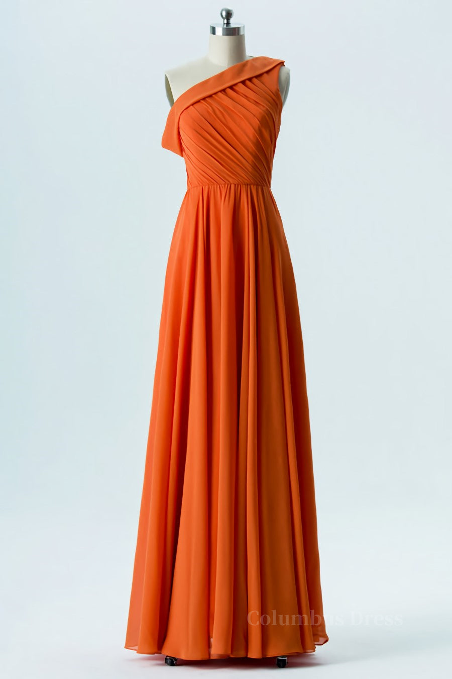 One Shoulder Orange Chiffon A-line Long Corset Bridesmaid Dress outfit, Bridesmaid Dress Gold
