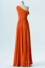 One Shoulder Orange Chiffon A-line Long Corset Bridesmaid Dress outfit, Bridesmaids Dress Gold