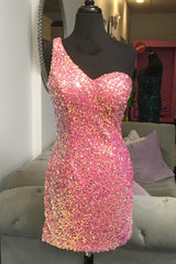 One Shoulder Pink Sequin Bodycon Corset Homecoming Dress outfit, Homecoming Dresses