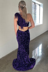 One Shoulder Purple Sparkly Mermaid Sequins Long Corset Prom Dress with Slit Gowns, One Shoulder Purple Sparkly Mermaid Sequins Long Prom Dress with Slit
