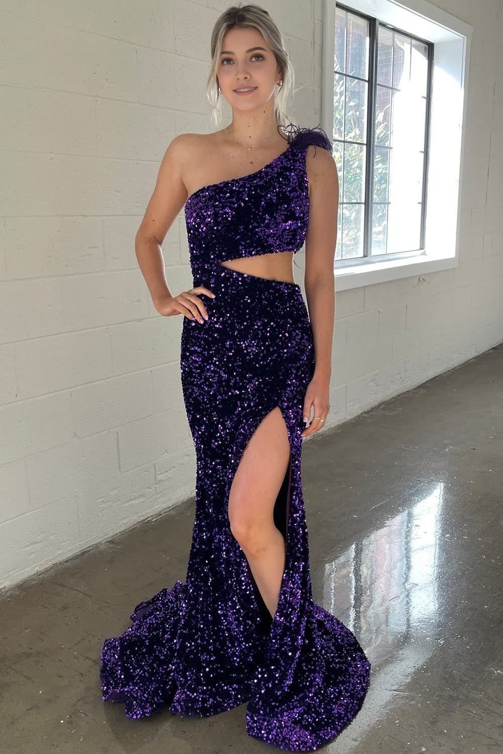 One Shoulder Purple Sparkly Mermaid Sequins Long Corset Prom Dress with Slit Gowns, One Shoulder Purple Sparkly Mermaid Sequins Long Prom Dress with Slit