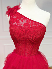 One Shoulder Red Lace High Low Corset Prom Dresses, Red High Low Lace Corset Formal Evening Dresses outfit, Unique Wedding Dress