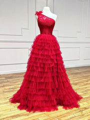 One Shoulder Red Lace High Low Corset Prom Dresses, Red High Low Lace Corset Formal Evening Dresses outfit, Midi Dress